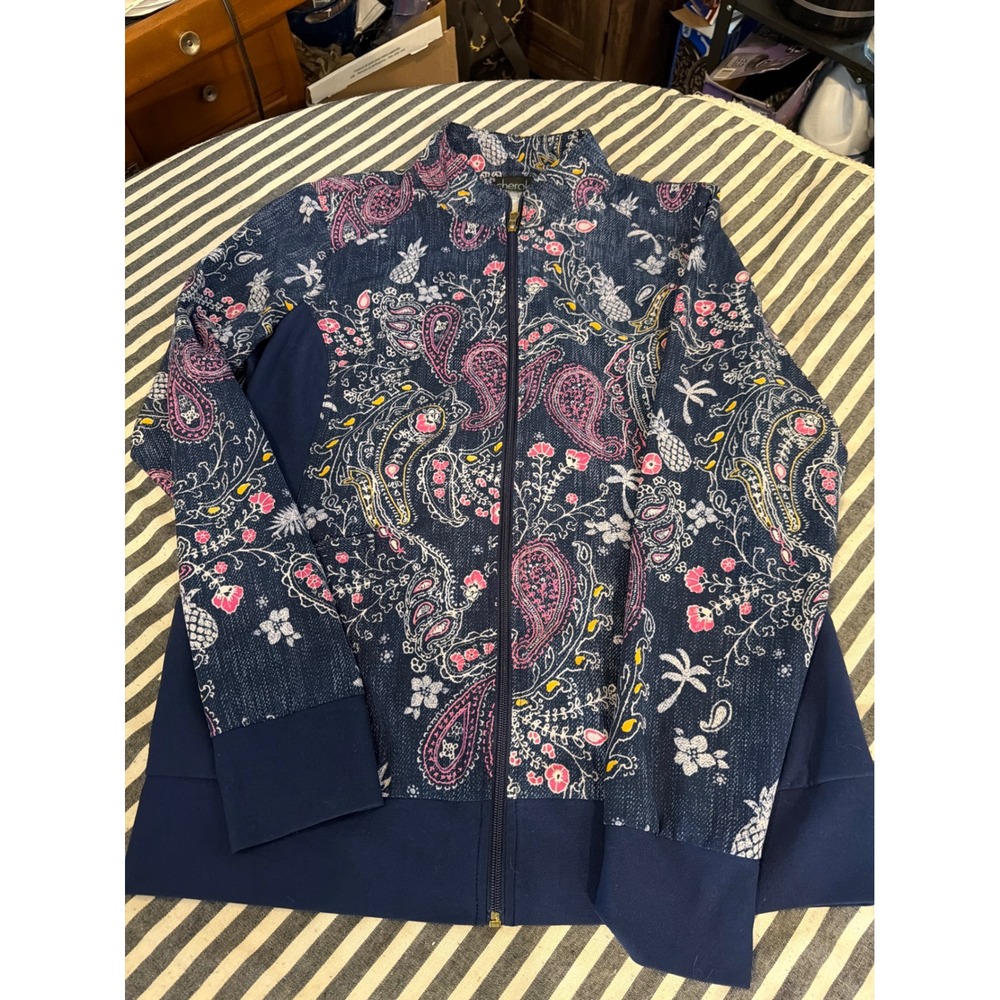 Cherokee Womens Paisley Floral Full Zip Track  SCRUB Jacket Navy Blue Size M